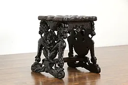 Mahogany Italian Antique Stool or Bench, Hand Carved Lions & Cushion #35601