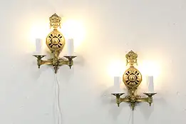 Pair Vintage Solid Brass Wall Sconce Lights, Drip Candles, Crescent BM #35681