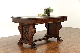 Renaissance Design Antique Italian Oak Library Table or Desk, Lion Feet #36024