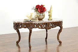 French Design Vintage Oval Carved Fruitwood Marble Top CoffeeTable #35401