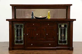 Arts & Crafts Mission Oak Antique Craftsman Sideboard Stained Glass Doors #36199