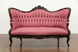 Victorian Antique Walnut Loveseat, Hand Carved Roses, Tufted Upholstery #36258