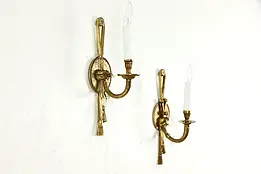Pair of Vintage Brass & Candle Wall Sconce Lights with Tassels #35223