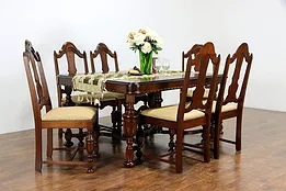 English Tudor Style Antique Walnut Dining Set, Table, 2 Leaves, 6 Chairs #35371