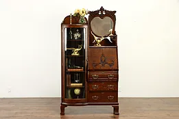 Oak Side by Side Secretary Desk & Bookcase, Curved Glass, Beveled Mirror #36402