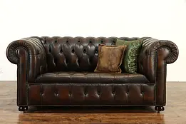 Tufted Leather Vintage Chesterfield Loveseat or Sofa, Brass Nailhead Trim #36461