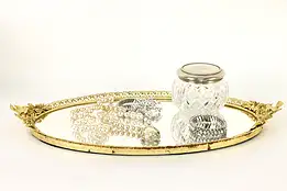 Gold Plated Filigree Vintage Mirrored Jewelry or Perfume Tray  #36764