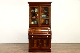 Victorian Eastlake 1880 Antique Walnut Roll Top Secretary Desk & Bookcase #35398