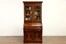 Victorian Eastlake 1880 Antique Walnut Roll Top Secretary Desk & Bookcase #35398