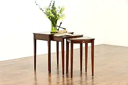 Set of 3 Vintage Mahogany Nesting Tables, Gold Tooled Leather Tops #36662