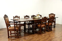 Oak English Tudor Antique Dining Set, Table, Leaves 8 Chairs Faux Leather #37004