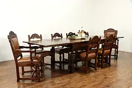 Oak English Tudor Antique Dining Set, Table, Leaves 8 Chairs Faux Leather #37004