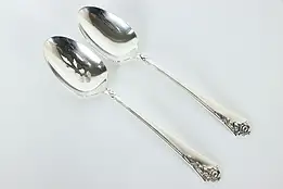 Pair Scalloped Sterling Silver Heirloom Damask Rose Serving Spoons, 8.25" #37226