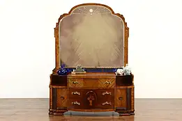 Art Deco Vanity, Dresser or Chest, Beveled Blue Mirrors, Marquetry Inlay #37365