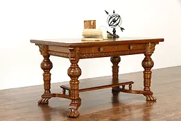 Renaissance Quarter Sawn Oak Antique Library Table Writing Desk Lion Feet #37137