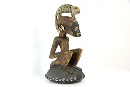 African Carved Antique Wooden Sculpture, Seated Man Statue Shells & Beads #37208