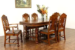 English Tudor Antique Carved Dining Set, Table, 6 Chairs New Upholstery #37359