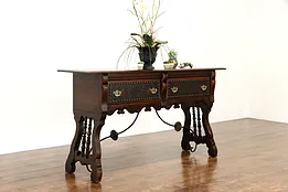 Spanish Colonial Antique Hall Console, Sideboard, Server, Tooled Leather #37921