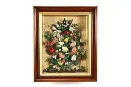 Victorian Antique Walnut Shadow Box, Wax Floral Memory Wreath 25" #38275