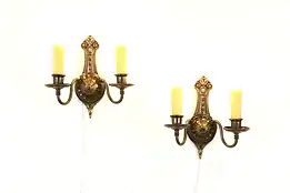 Pair of Antique Brass Double Wall Sconce Lights, Beeswax Drip Candles #38013