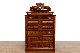 Victorian Eastlake Antique Walnut & Burl Sidelock Chest, Dresser, Highboy #38379