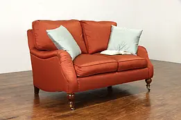 Red Silk Upholstered Vintage Small Sofa or Loveseat, Signed Sherrill #38411