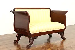 Empire Antique Mahogany Settee or Loveseat, Paw Feet, New Upholstery #38449