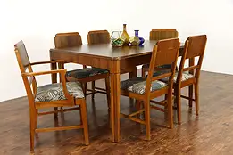 Art Deco Vintage Walnut Dining Set, Table, 6 Chairs, New Upholstery #38520