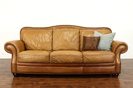 Large Brown Vintage Natural Leather Sofa, Brass Nailhead Trim #38233