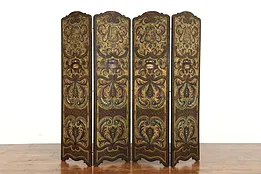 Spanish Colonial Antique Embossed 4 Panel Hand Painted Leather Screen #38691