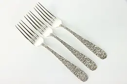 Set of 3 Sterling Kirk and Son Dinner Forks, Repousse Pattern, 8" #38898