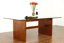 Midcentury Modern Vintage Glass Top Teak Dining Table or Library Desk #38905