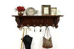 Oak Antique Dutch Hanging Hall Coat or Hat Rack, Cherubs, Brass Hooks #38994