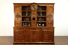 Country French Carved Oak Antique Pewter Cupboard, Sideboard w/ Clock #38869