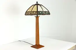 Stickley Cherry Table or Desk Lamp, Antique Curved Stained Glass Shade #39262