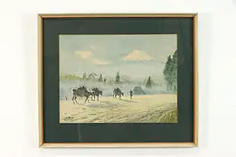 Man Herding Cows, Original Vintage Watercolor Painting, NoBuo, 19" #39271