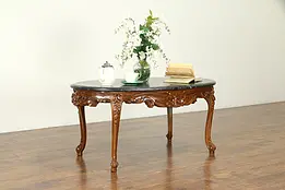 French Style Vintage Carved Walnut Oval Coffee Table, Black Marble #31284