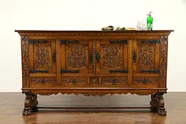 Spanish Hand Carved Oak 1915 Antique Signed Credenza Cabinet, Iron Mounts #31231