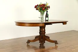 Round 42" Oak Antique Dining Table, 3 Leaves, Lion Paw Feet, Extends 6' #31723