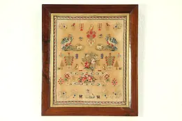 Sampler, 1830's Antique Hand Stitched Birds, Dogs & Flowers, England #28944