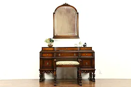 English Tudor Style Antique 1920 Walnut Dressing Table, Bench & Mirror #31131
