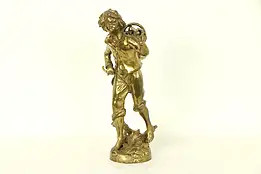 Wine Grape Harvest Sculpture, Vintage Cast Brass Statue of a Young Man #30830