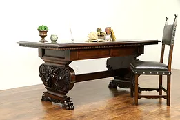 Italian Renaissance Antique Library Desk or Dining Table, Lions & Paws  #31372