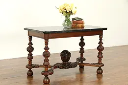 Renaissance Carved Walnut Antique Coffee Table, Black Marble Top #32083