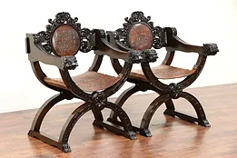 Pair Antique Italian Savonarola Chairs, Tooled Leather Crests, Lion Heads #29911