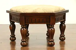 Hexagon Shape Antique 6 Leg Walnut Footstool, New Upholstery #31696