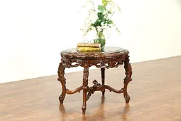 Carved Walnut Antique Oval Coffee Table, Black Portoro Nero Marble #31158