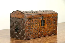 Leather Antique Dutch Treasure Chest or Trunk, Brass Studs, Iron Mounts #31362