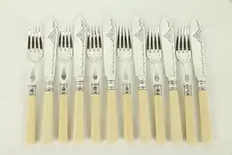 Set of 12 Antique English Silverplate Knives & Forks, Ivorine Handles #31262