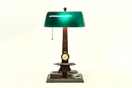 Green Glass Antique Desk Lamp, Inkwell & Clock, Verdelite Pat. 1917 #31571